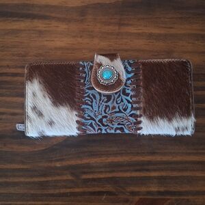 Cowhide and Turquoise Stamped And Stitched Women's Wallet